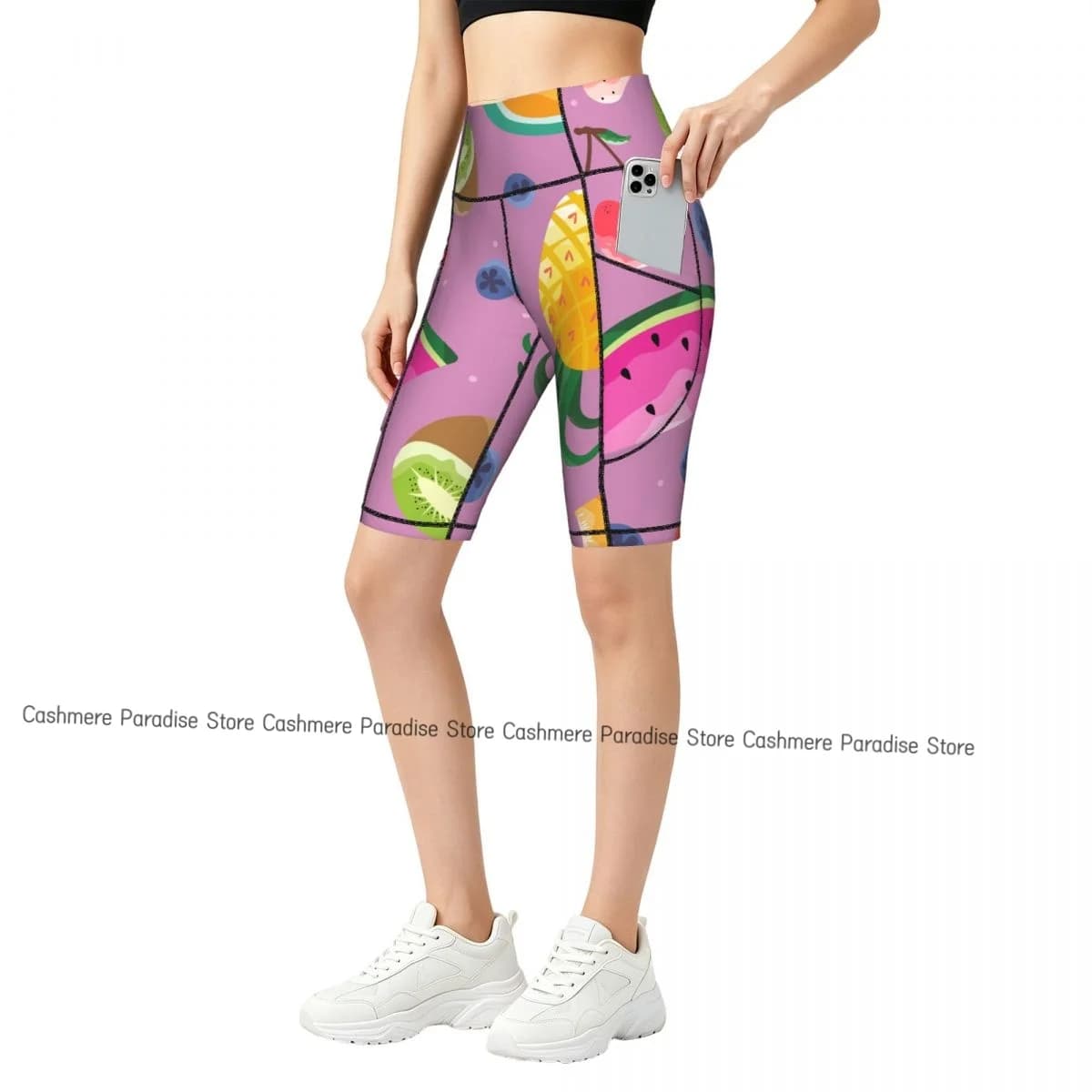 Women Pocket Sports Shorts Yoga Leggings Outdoor Wearling High Elastic Skinny Fruit Shorts Running Cycling