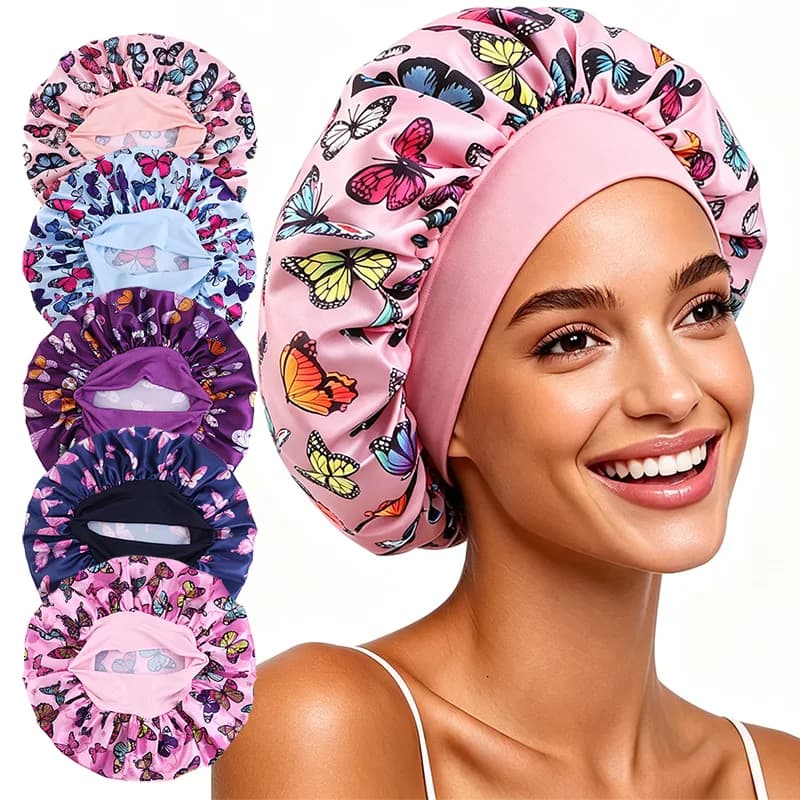 Cappello da notte con stampa a farfalla per donna - Cappello da notte morbido e traspirante, cappello da bagno, cappello da notte multiuso, comodo per l'uso quotidiano