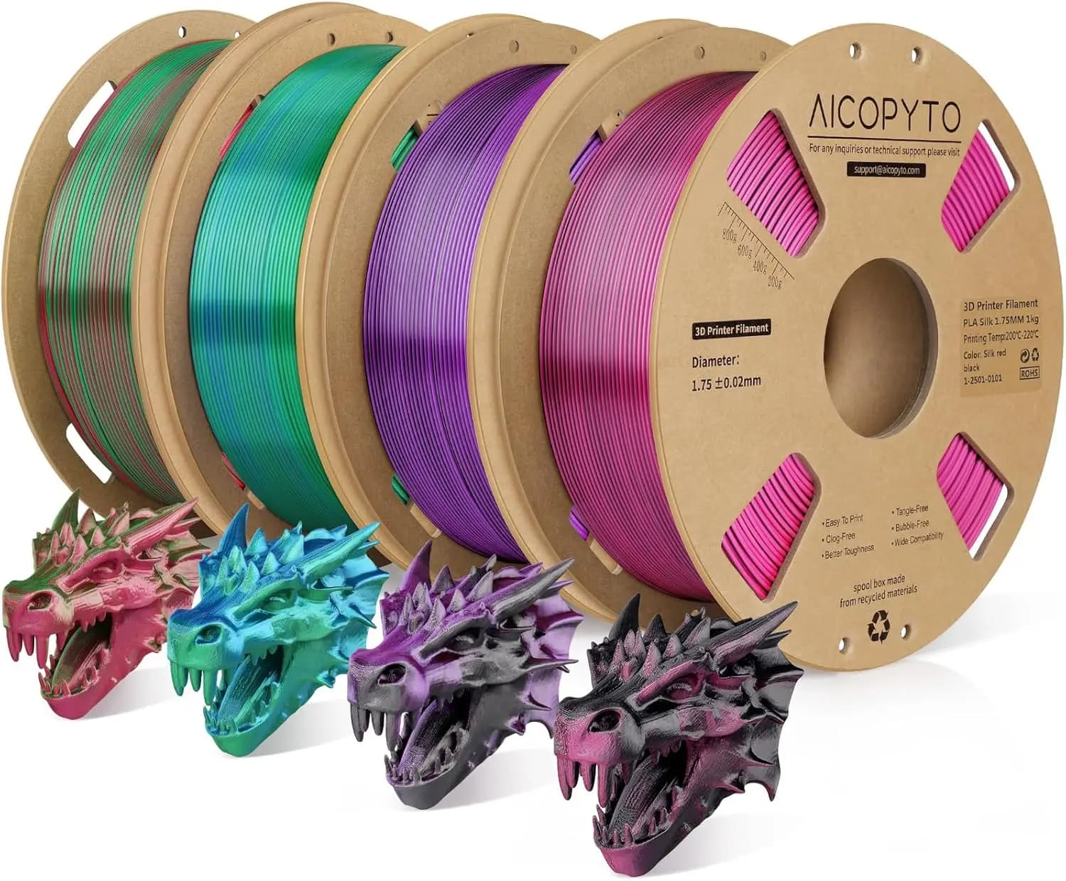 Silk PLA 3D Printer Filament Bundle, Shiny Dual Color 1.75mm Pack, Multi Color Change for FFF Printers, 4 Spools x 1KG