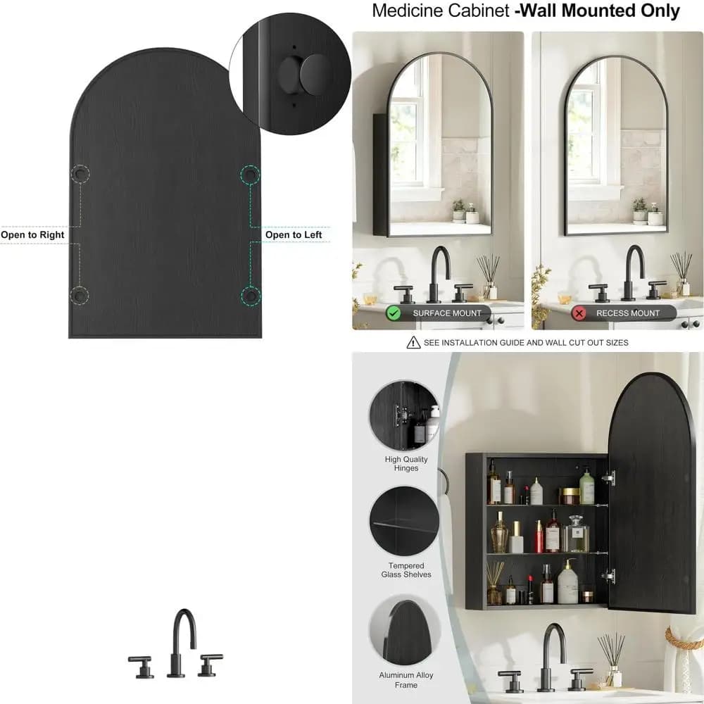 Armadietto medico curvo nero con specchio, mobiletto da bagno a parete, 20 x 30, porta reversibile