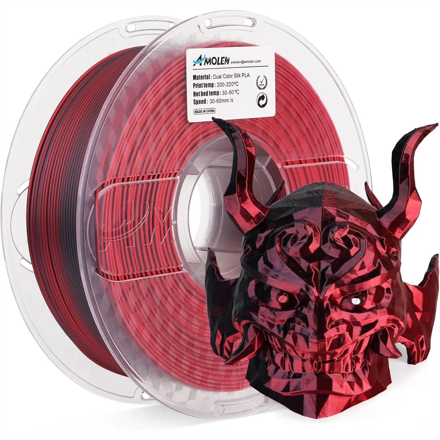 Filamento PLA Bicolore Effetto Seta 1.75mm, Coestrusione Lucida Rosso Nero per Stampa 3D, Bobina da 1KG