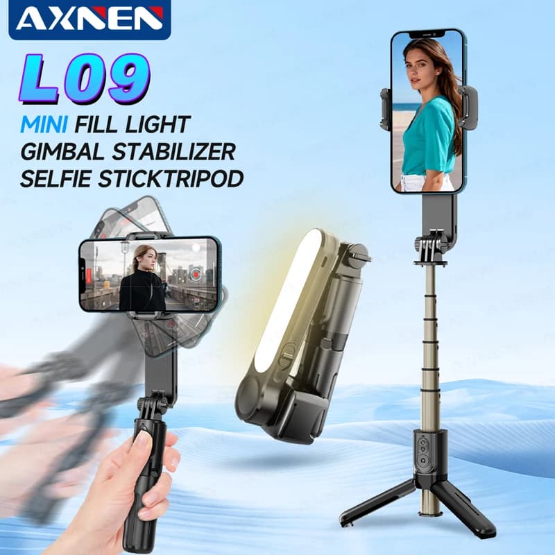 Stabilizzatore per smartphone portatile con giunto cardanico per selfie stick L09 con treppiede per telecomando per telefono iPhone Android con luce di riempimento automatico