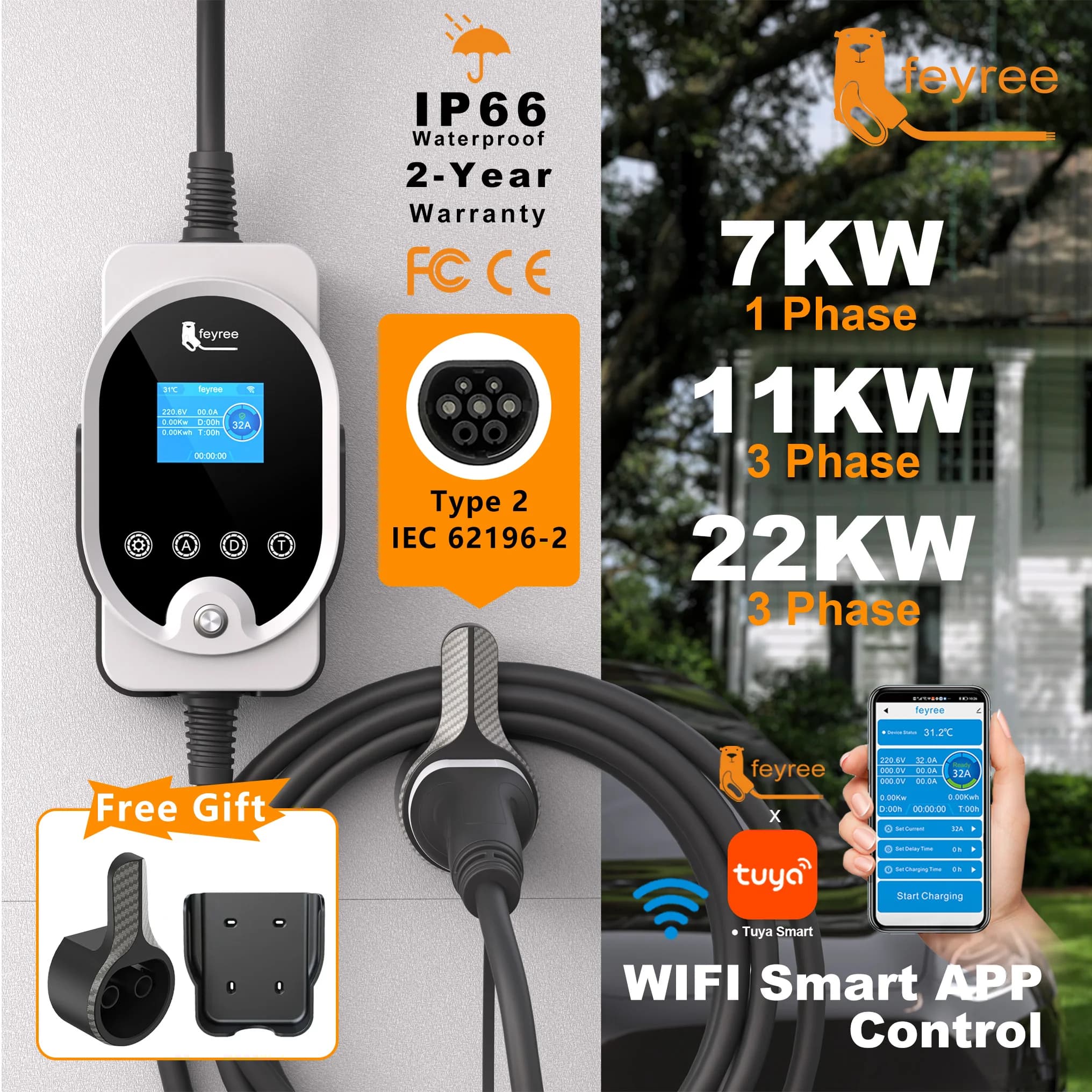 Feyree Type2 EV EVSE Wallbox 22KW 11KW 3P Smart APP Wi-Fi control 7KW 32A 1P Setup and charging time for EV cars