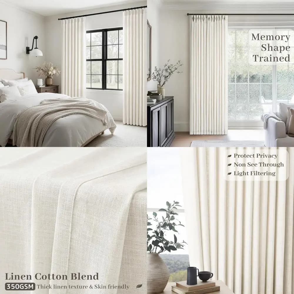 Plyssed linen curtains with natural pinch, 84 inches long, 2 panels, for living room, bedroom, countryside, farm, often linen, structured, semi-s