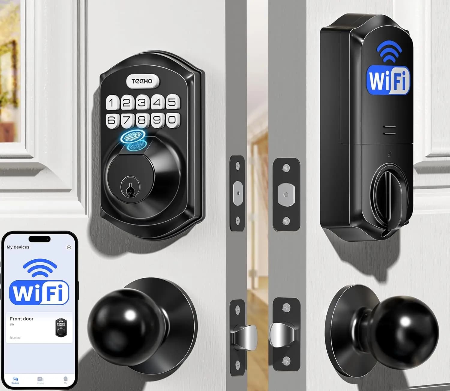 Serratura Intelligente Senza Chiave con Impronta Digitale, Tastierino e WiFi, Compatibile con Alexa e Google, Nero Opaco