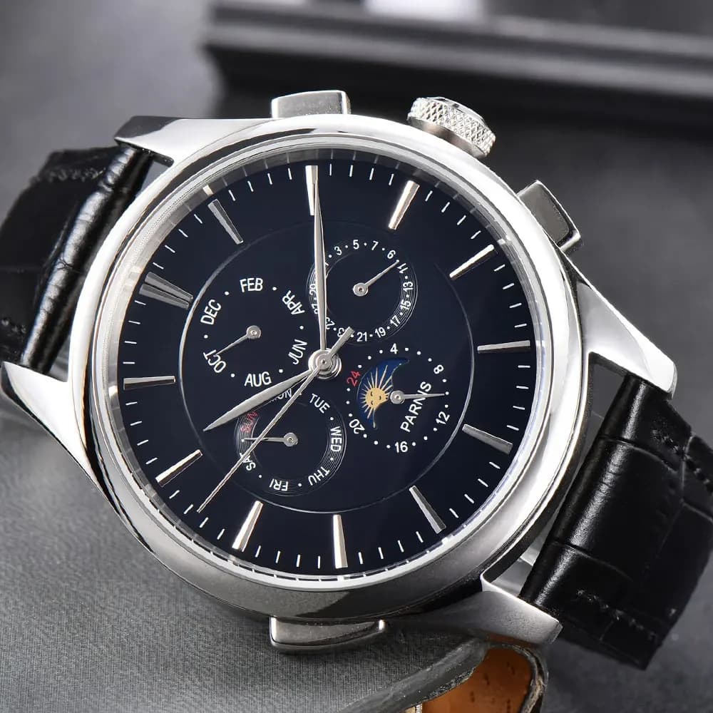 Parnis 44mm quadrante nero orologio meccanico automatico da uomo indicatore della data display settimanale orologio da polso multifunzione fasi lunari da uomo