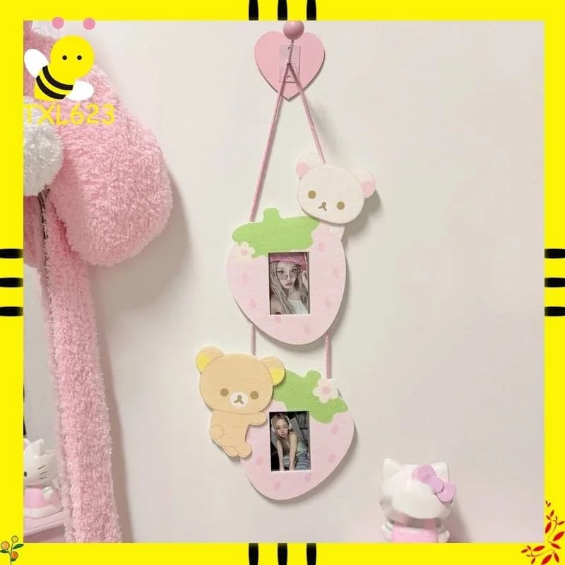 Rilakkuma Cartoon Strawberry Bear Double Connected Hanging Photo Frame 3 Inch Instax Photocard Wall Decor For Bedroom Home Deco