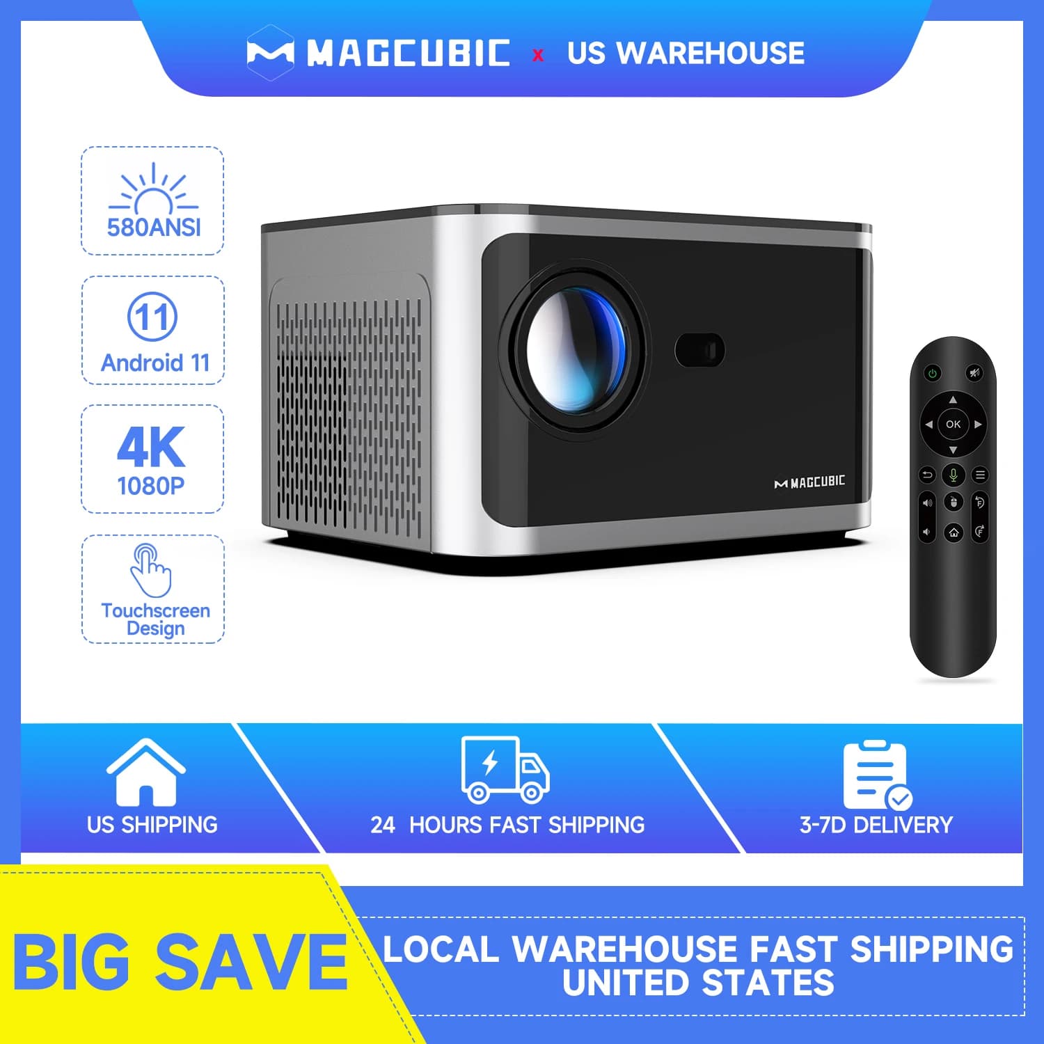 Proiettore Magcubic HY350 Android 11 4K 1080P 580ANSI Wifi6 Controllo vocale Allwinner H713 Messa a fuoco elettronica BT5.0 Proiettore domestico