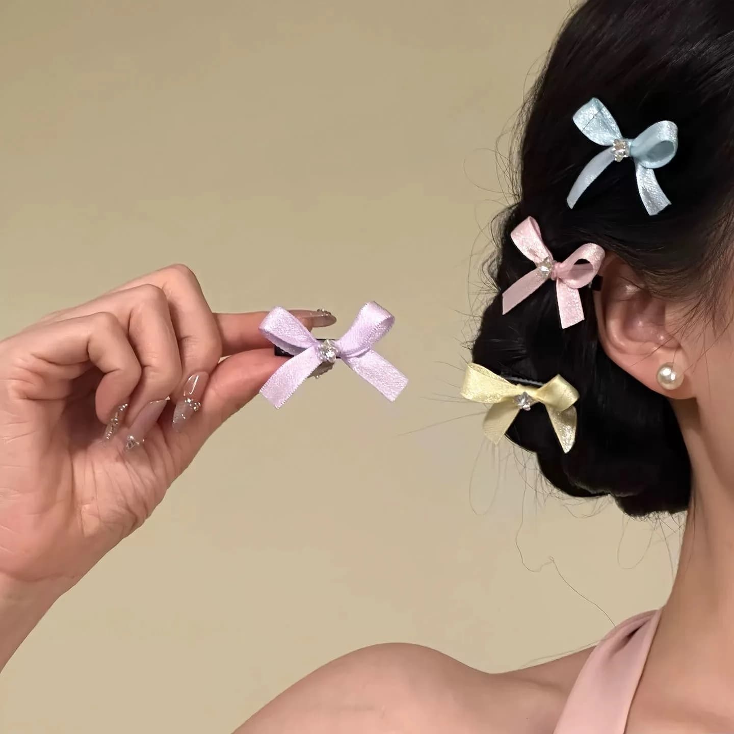 4Pcs Pastel Macaron Dopamine Bow Hair Clips Cute Crystal Ribbon Side Bangs Barrettes Women Sweet Girly Hair Decor
