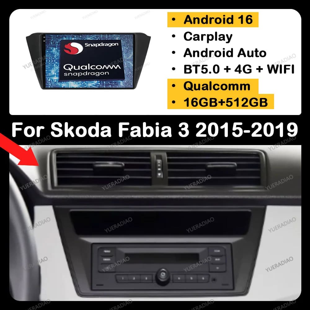 Android 16 Carplay Auto For Skoda Fabia 3 III 2015 - 2019 Car Radio Multimedia Video Player 2K Screen Head Unit GPS NAVI 4G WIFI