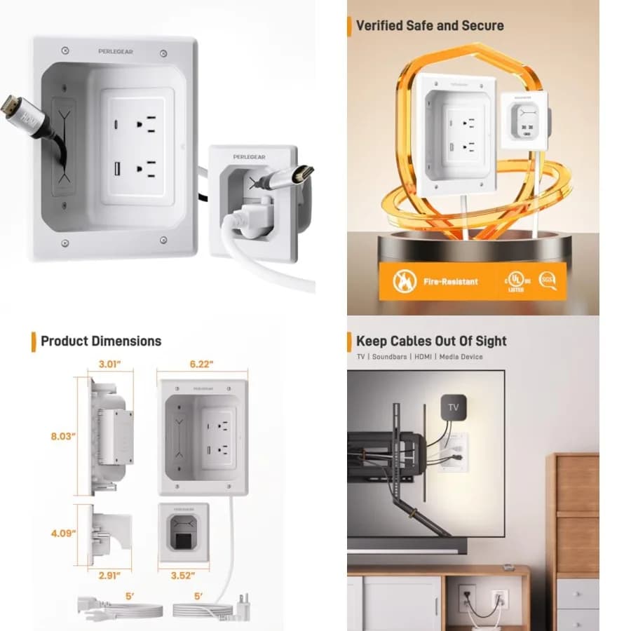 Kit di gestione cavi a muro per TV, Nascondi-cavi con porte USB e Type-C per TV a parete con alimentazione a incasso, Include modelli per trapano