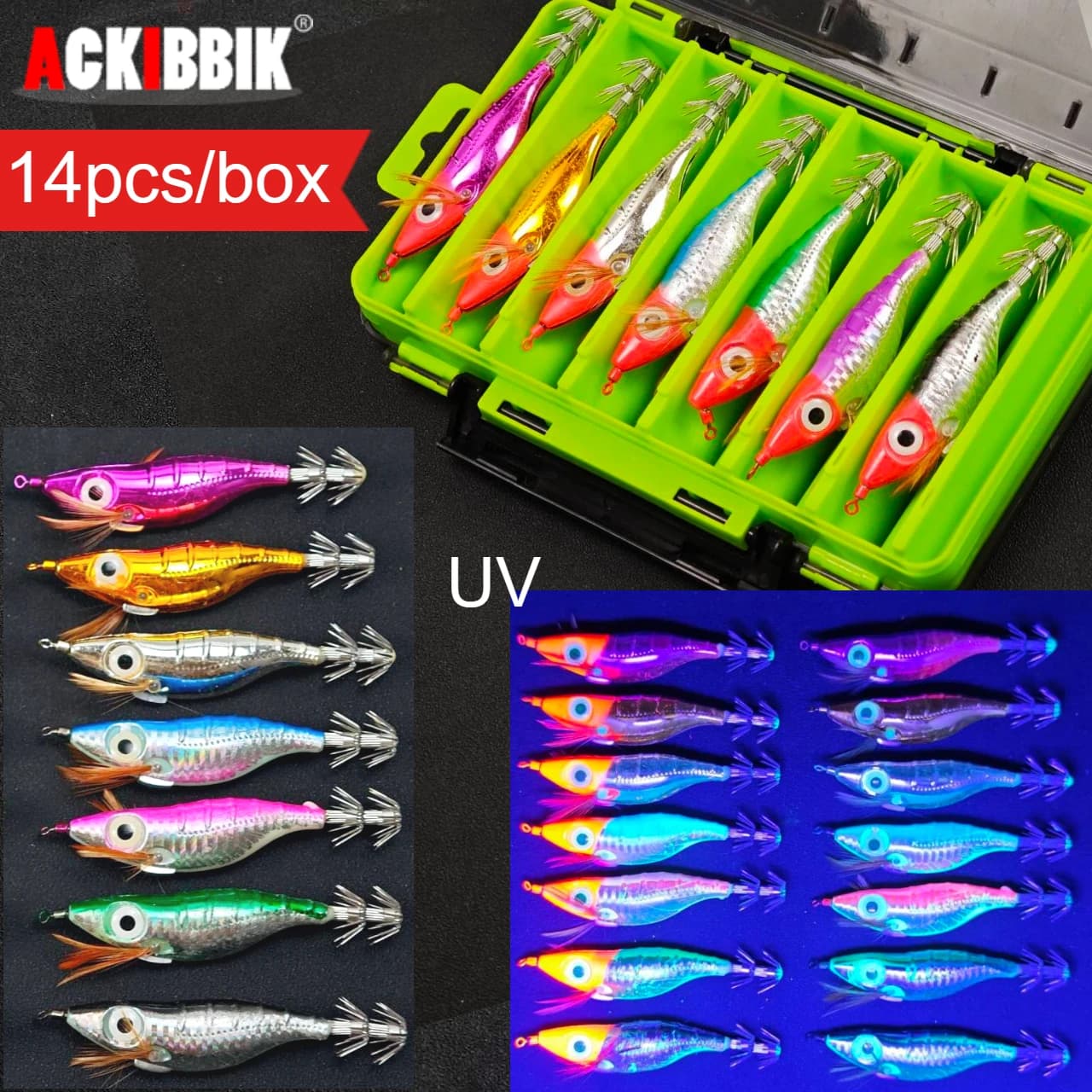 14 pz/scatola Esche Orizzontali Luminose per Calamari con Scatola Porta Attrezzatura 10cm, Esche Artificiali UV per Gamberi, Seppie e Polpi per Pesca in Mare