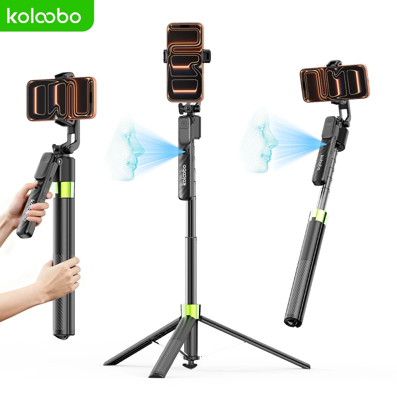 Bastone per selfie portatile con tracciamento del volto AI, treppiede da 74 pollici, supporto per fotografia a 360° ° Rotazione con vite Bluetooth da 1/4” per la ripresa con iPhone