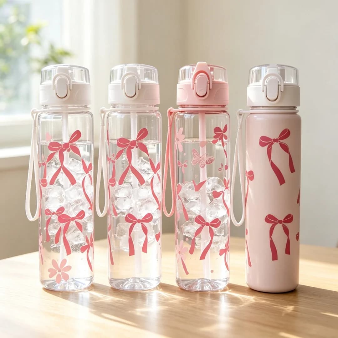 Cute Pink Bow Butterfly Floral Print Water Bottle, Portable Flip Top Straw Leak-Proof Plastic Drinking Cup with Lanyard for Girl