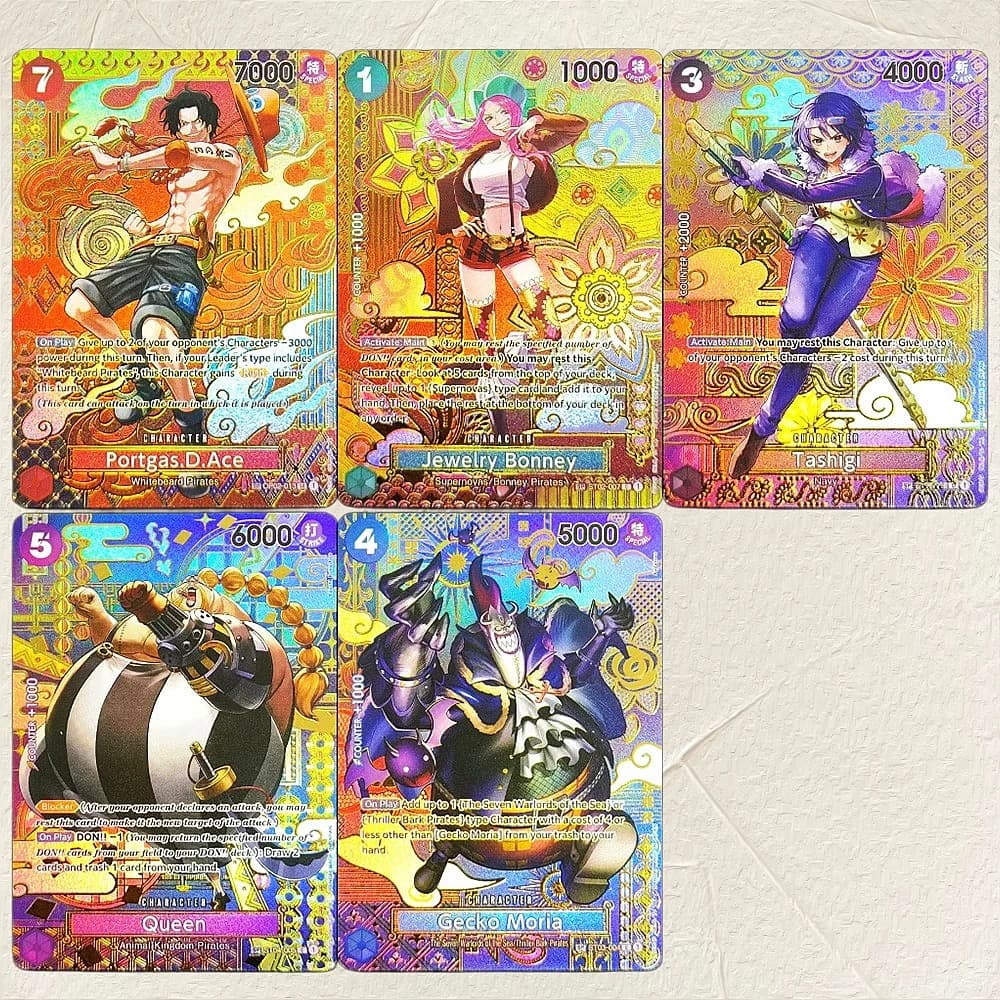 One Piece Portgas.D.Ace Jewelry Bonney Tashigi Queen Gecko Moria 5Pcs DIY Foil Texture Cards Premium Anime Collection Cards