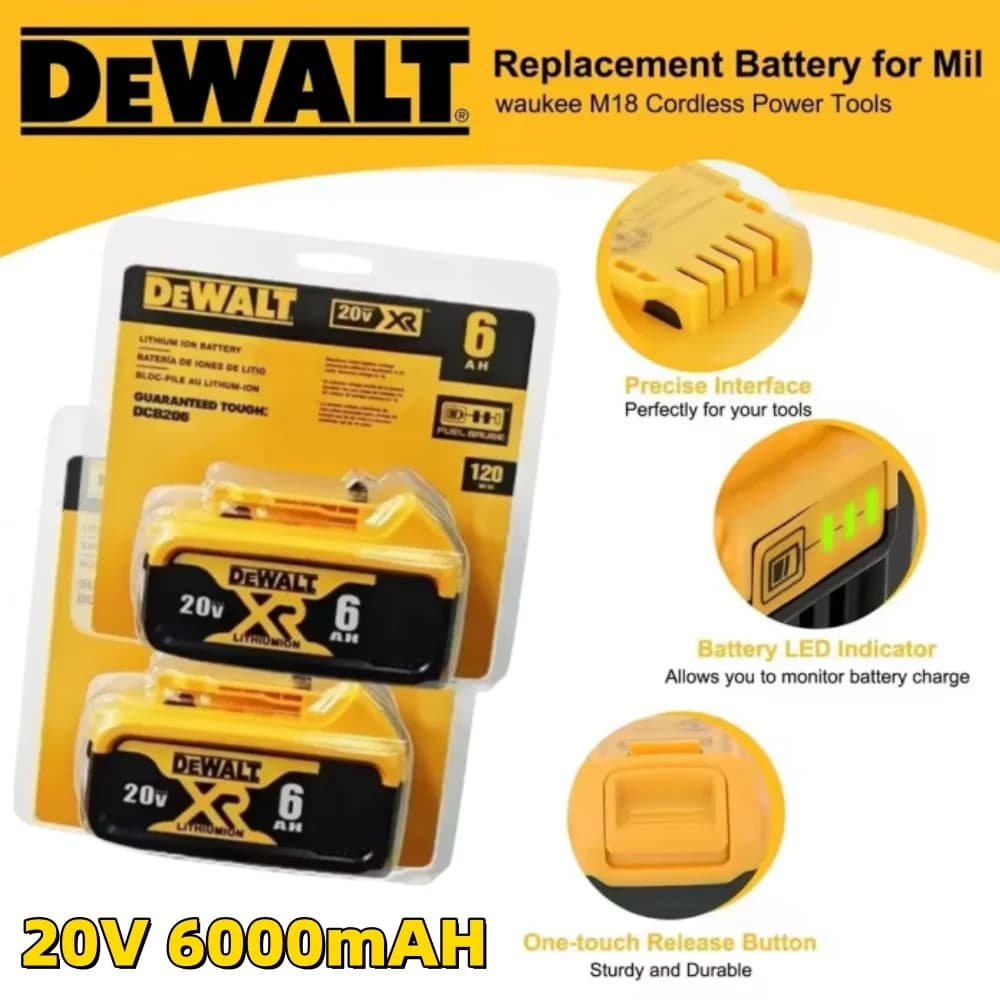 Batteria Ricaricabile 20V 6Ah per Avvitatore, Trapano, Avvitatore a Impulsi e Chiave Elettrica Dewalt DCB200 DCD790