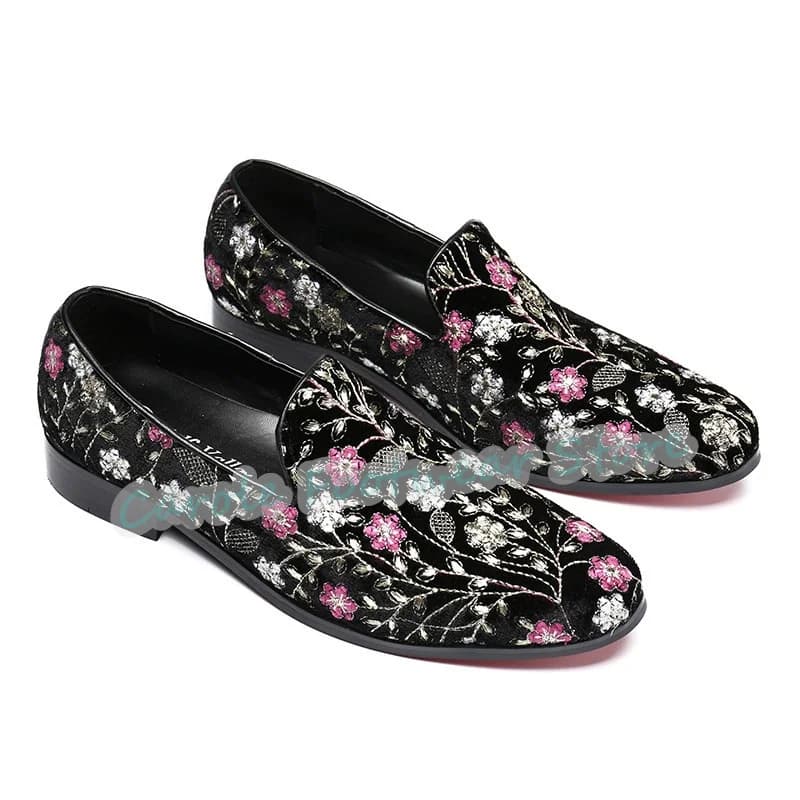 Retro Embroidery Flowers Mixed Color Shallow Loafers for Men Wedding Business Formals Dress Shoes Male Slip-On Derby Shoes