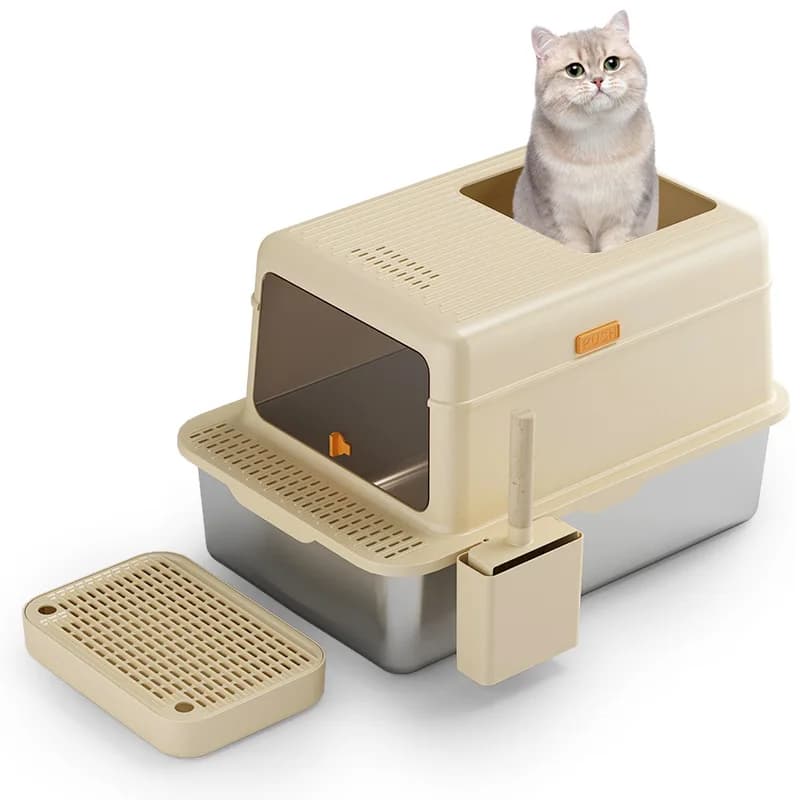 Large Stainless Steel Cat Litter Box 20L Inner Space with Easy Clean Sand Bin & No Odor Cat Toilet