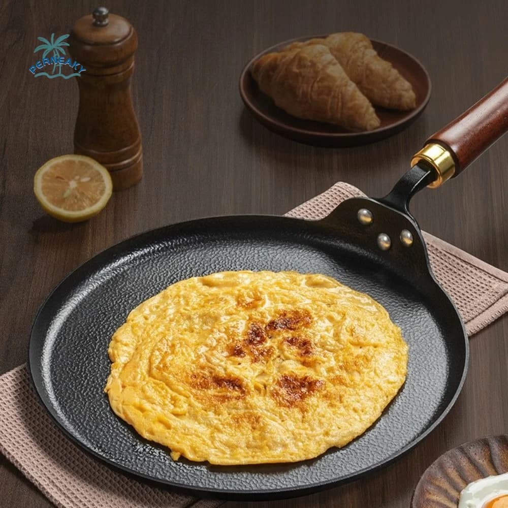 Durable Uncoated Cast Iron Frying Pan Wood Handle Universal Pancake Pan Thickened Non-stick Pan Omelet