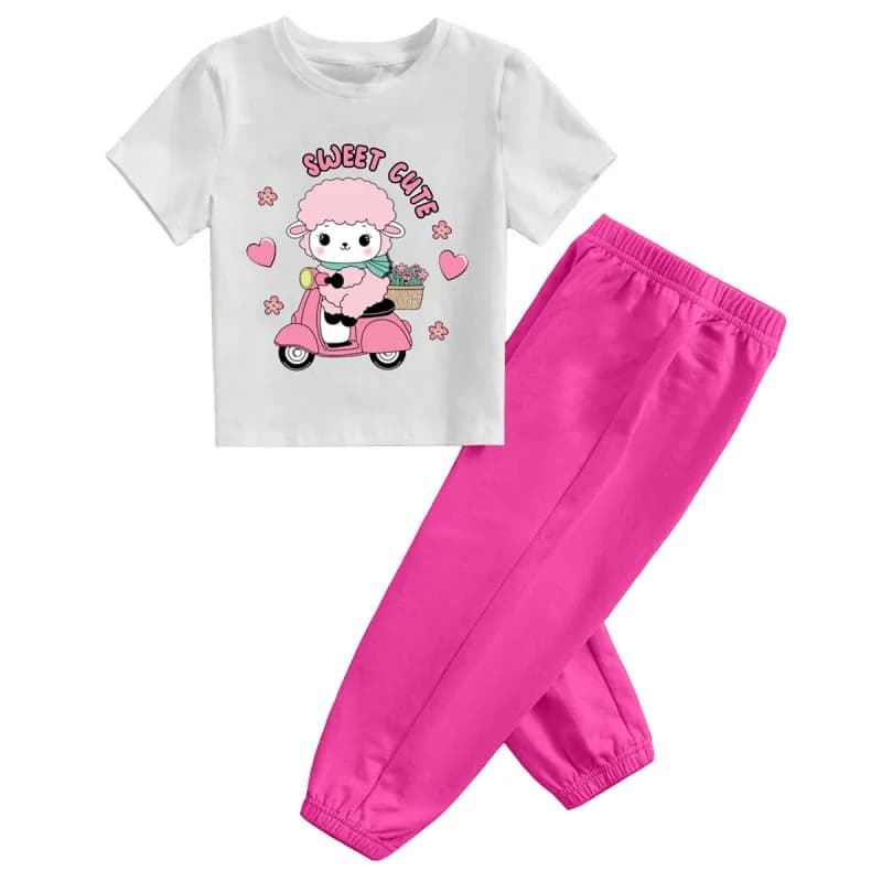 IURNXB 2PCS Set di vestiti per bambini Simpatico agnello Stampa manica corta con cappuccio Top + Pantaloncini Abiti Bambine Kid Tutina Casualwear 1-6Y