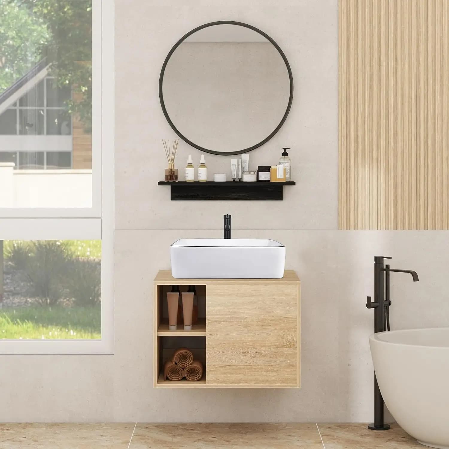 Mobile Bagno Sospeso Bianco da 24 Pollici con Lavabo in Ceramica, Specchio, Mensola e Rubinetto 23.6x18.9x17, Personalizzabile