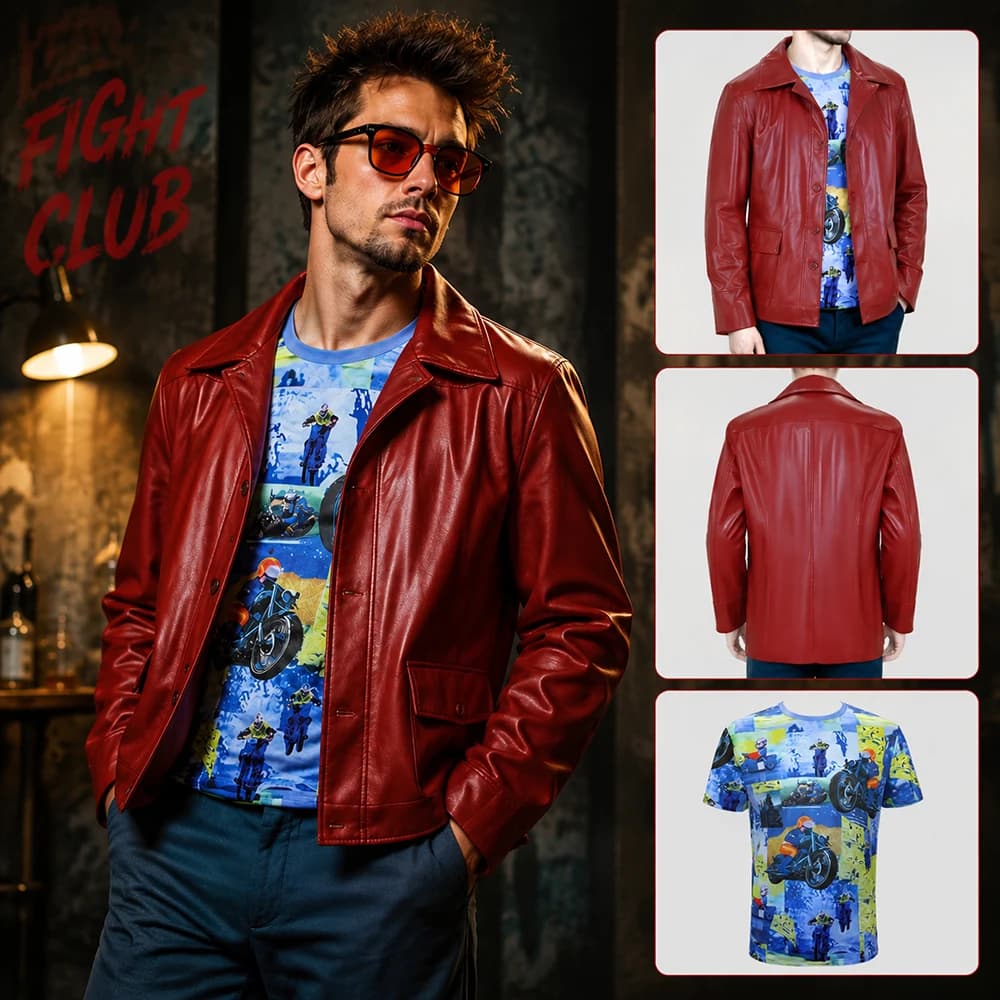 Men Red Leather Jacket Fight Club Tyler Durden Cosplay Costume PU Coat T-shirt Glasses Suit Halloween Party Role Play Outfit
