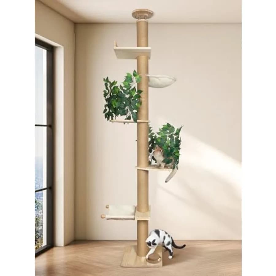 Albero per Gatti da Terra a Soffitto, Torre per Gatti Regolabile in Altezza 97.1-124.4 Pollici e Palo Rinforzato di 4.5 Pollici, Grande Albero per Gatti