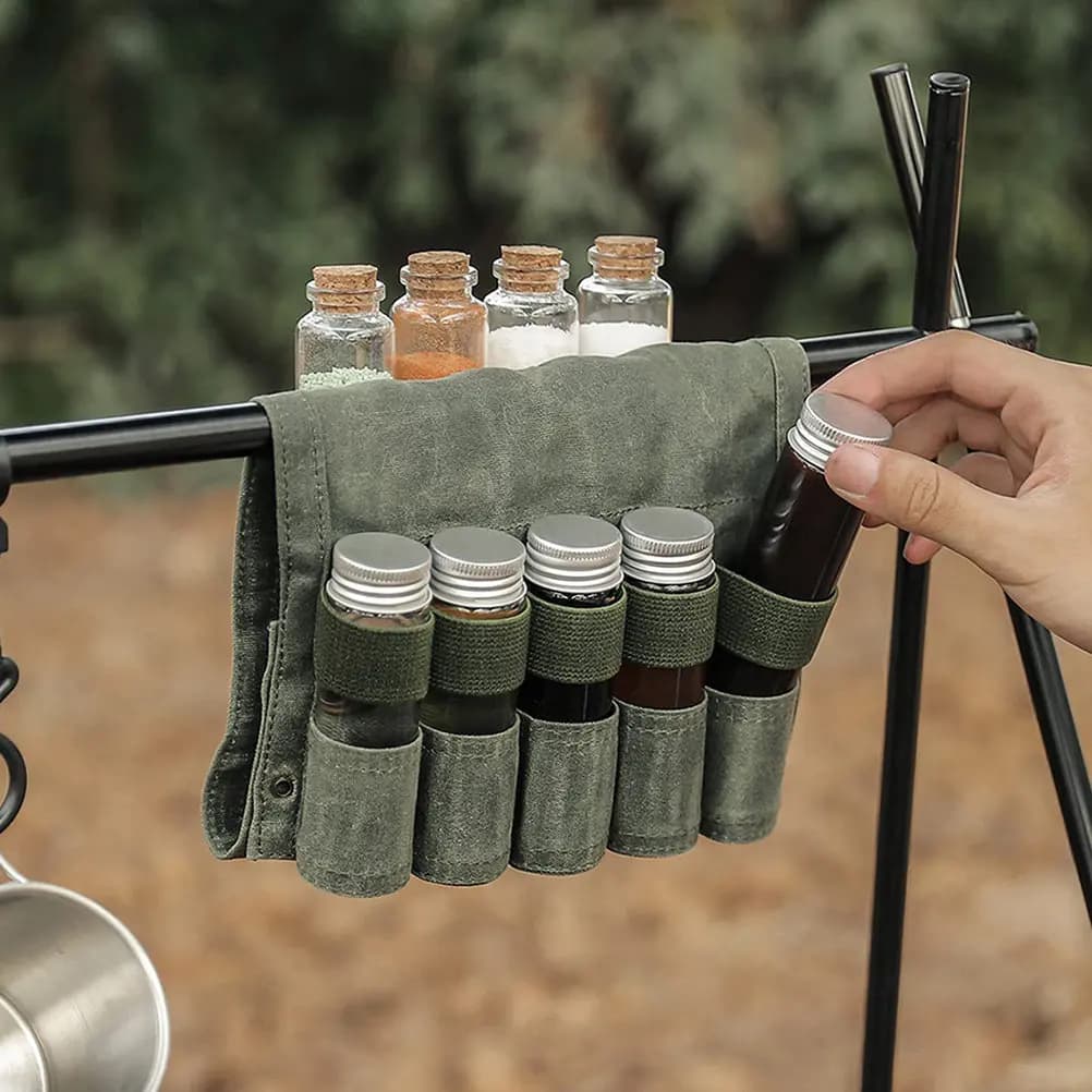 Set da Viaggio per Spezie, 9 Barattoli in Vetro per Alimenti con Borsa in Tela Resistente per Campeggio, Avventure all'Aperto, Escursionismo