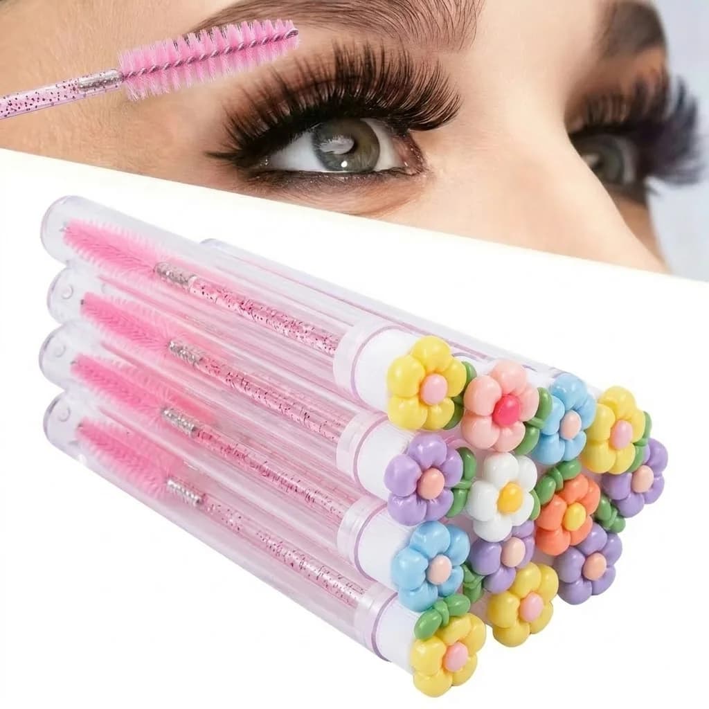 10 Pcs Women Cute Flower Eyelash Brushes in Clear Tubes, Reusable Dustproof Lash Spoolies & Mascara Wands for Lash Extensions，