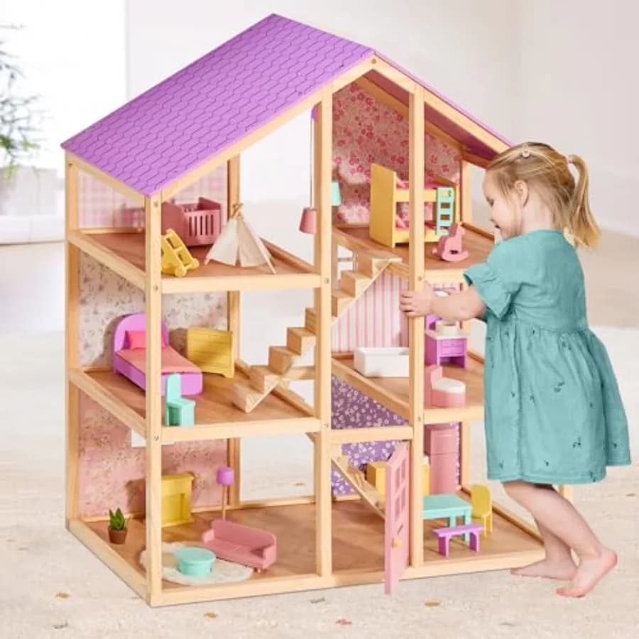 Casa delle Bambole in Legno per Bambine - 6 Stanze, Casa delle Bambole Fai-da-Te con 31 Pezzi di Mobili e Accessori, Regalo Creativo