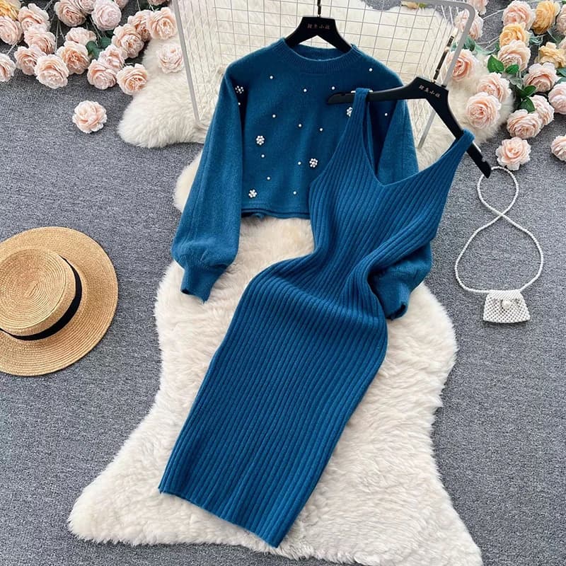 Autumn New V-neck Fashion Pencil Knitted Vest Dress+Round Neck Beaded Long Sleeved Sweater Pullover Women Elegant Set