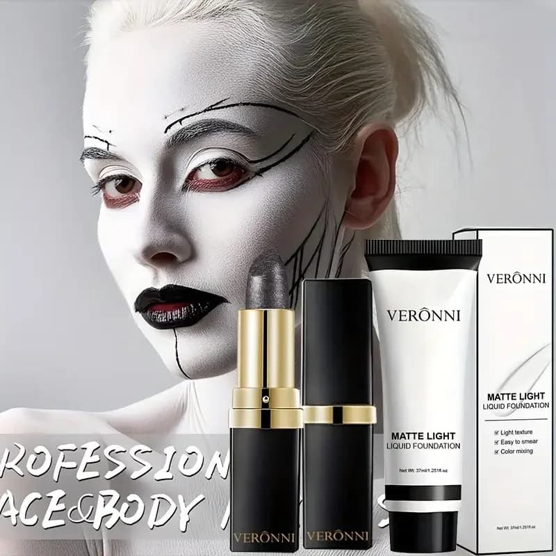 Rossetto nero abbinato a fondotinta liquido bianco, lucidalabbra opaco a lunga tenuta e fondotinta a copertura totale, per il palcoscenico di Halloween