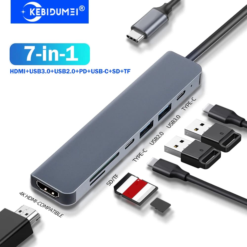 KEBIDUMEI HUB USB 3.0 7-in-1, Docking Station USB C, Hub USB 3.0 2.0 5Gbps, Adattatore da Tipo C a HDMI 4K, Splitter USB per Laptop