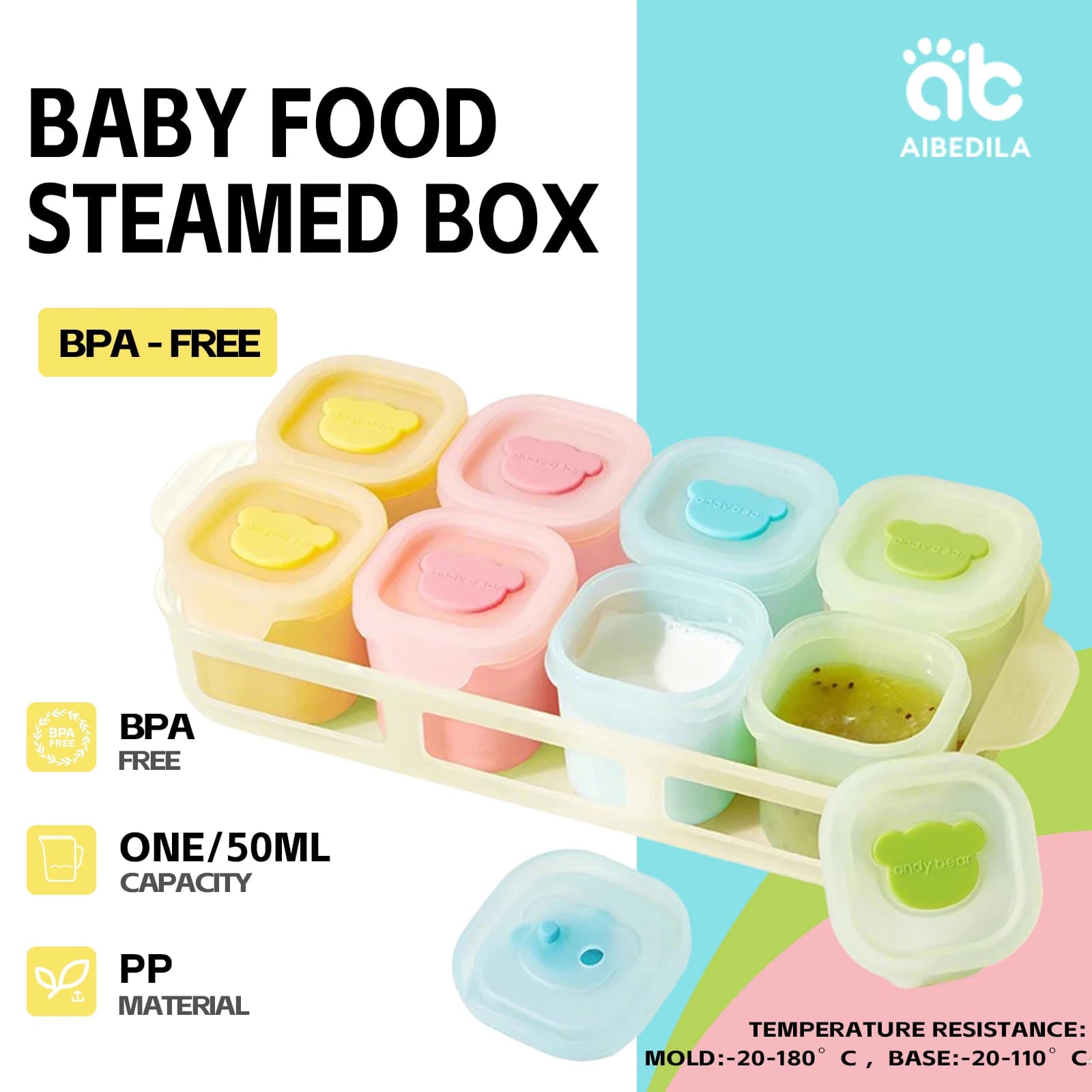 AIBEDILA Scatola per alimenti complementare per bambini Stampo per torta al vapore Vassoio per ghiaccio staccabile Scatola riscaldabile per alimenti complementare per bambini con coperchio