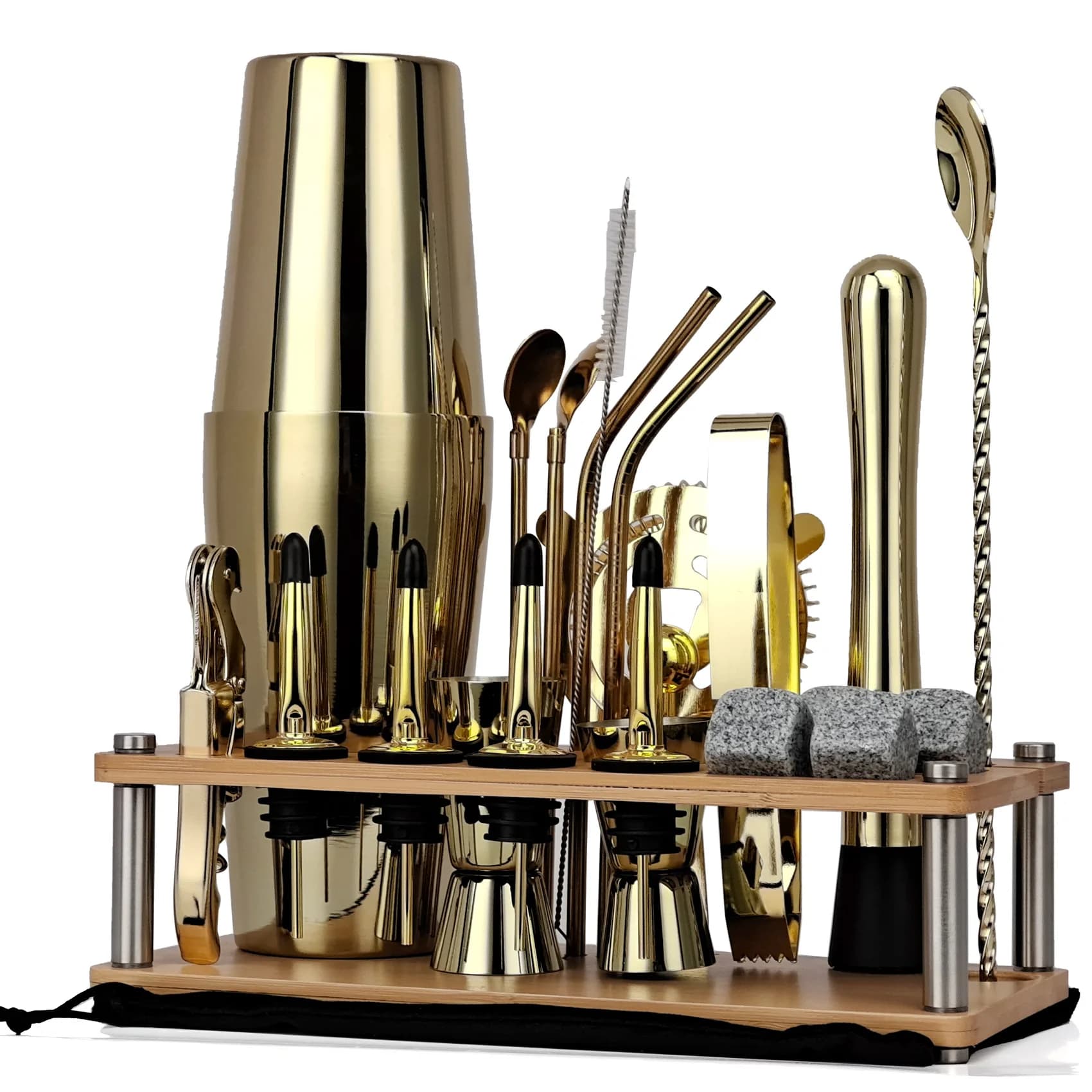 Set di Shaker per Cocktail con Supporto in Legno, Utensili da Bar, Set di Shaker con Rastrelliera in Legno