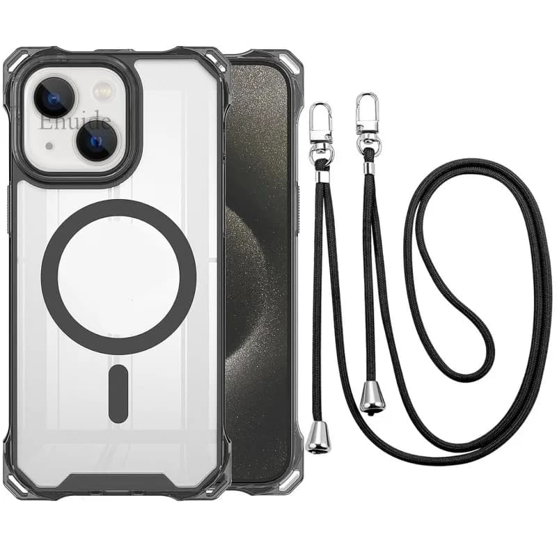 Custodia con cinturino antiurto per iPhone 16 15 13 12 17 14 Pro Max Plus 16E Cordino magnetico con tracolla Cover posteriore trasparente trasparente