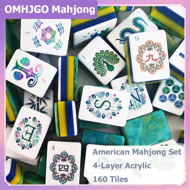 OMHJGO 4-Layer Acrylic Luxury Mahjong Tiles Quicksand Mint Green American Mahjong Set for Home Board Games Travel Mah Jongg Sets