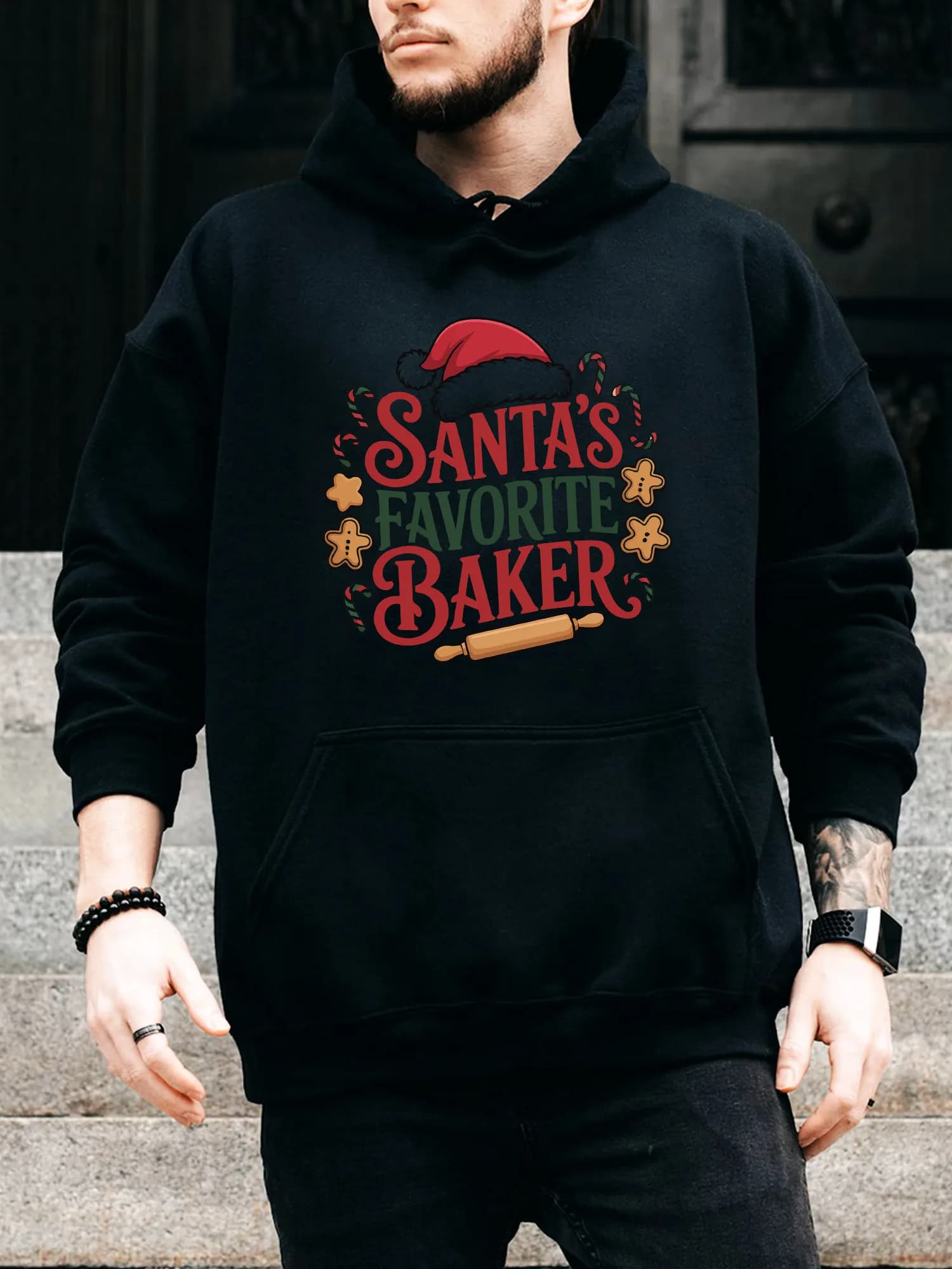 Felpa con cappuccio da uomo con coulisse di Santa's Favorite Baker - Pullover nero casual e confortevole, felpa con cappuccio autunno e inverno