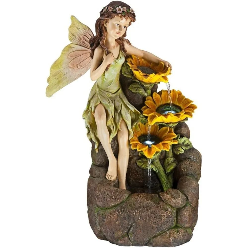 Fata da giardino con girasoli 26" di altezza, grande, moderna, per interni ed esterni, fontana da pavimento in pietra sintetica con acqua a cascata a LED leggera