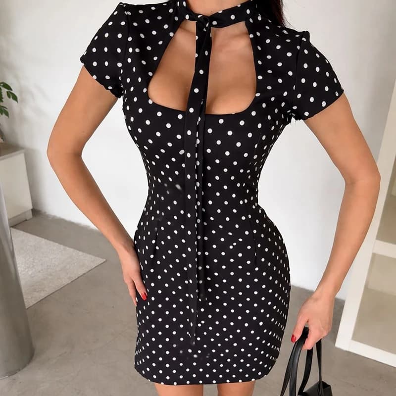 Vintage Polka Dot Dress Women 2026 Summer Hollow Out Stand Neck Short Sleeve Mini Dresses Lady New Sexy Slim Party Vestidos