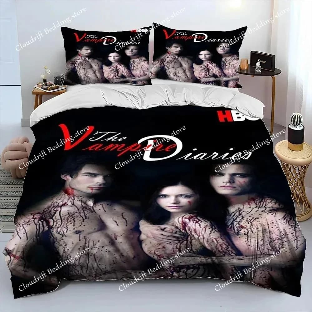 Set di biancheria da letto The Vampire Diaries con stampa 3D, copripiumino con federa, misura King/Queen, regalo per bambini