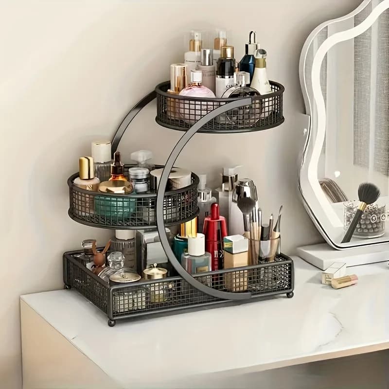 Organizer per cosmetici in metallo verniciato us1pc - Portaoggetti leggero per trucchi senza installazione, scaffale da appoggio a spirale per rossetti, pennelli e flaconi, in metallo resistente con finitura verniciata, organizer salvaspazio per il bagno (porta pennelli per trucco)