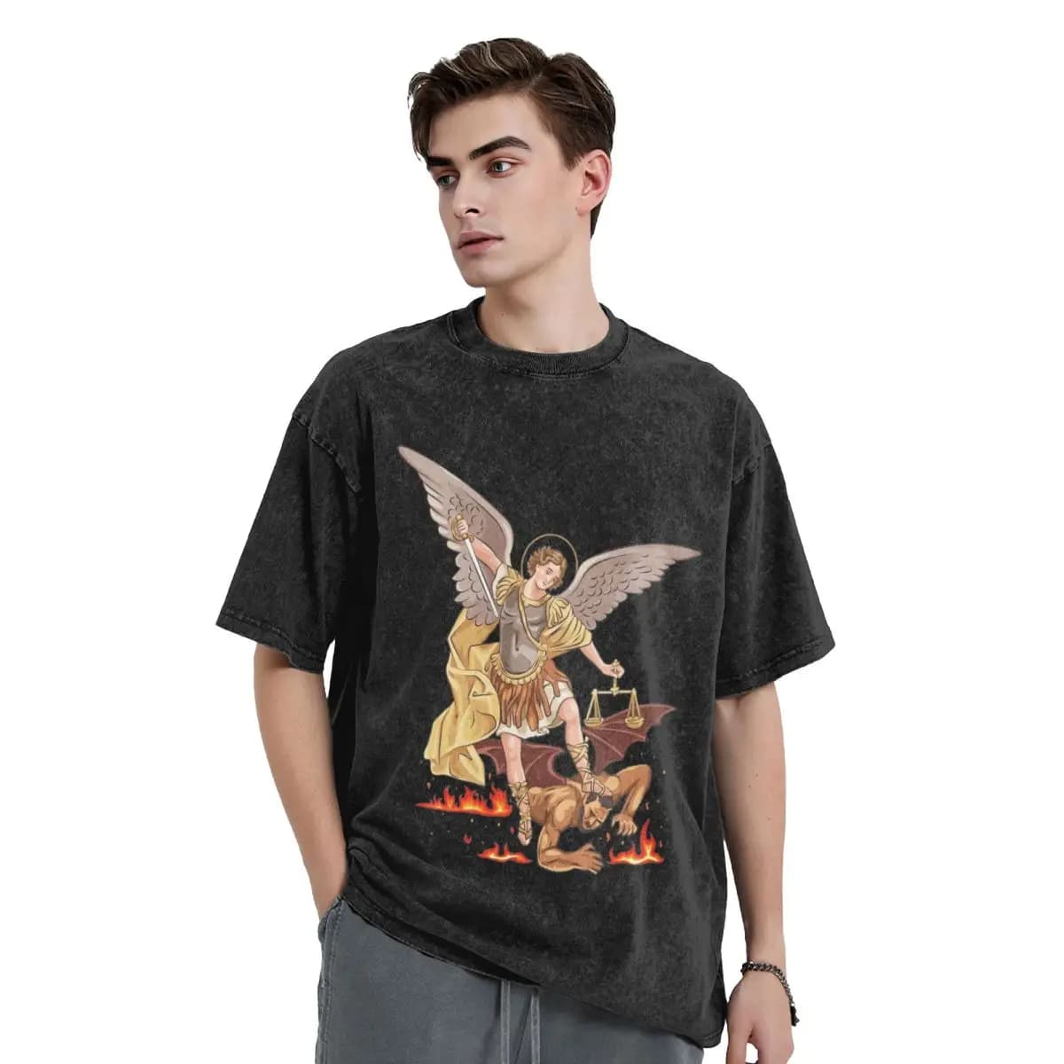 San Michele Distruggi Il Diavolo Cattolico Cristiano Lavato T-Shirt Uomo Cristianesimo T-shirt in cotone T-shirt Abiti di grandi dimensioni