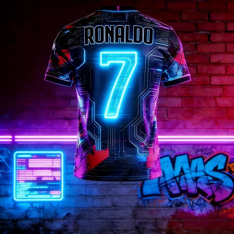 Cyberpunk Ronaldo # Set di 7 Magliette da Calcio, Pantaloncini e Completi Sportivi Traspiranti Estivi, Outfit da Allenamento Futuristico Y2k, Tuta da Surf