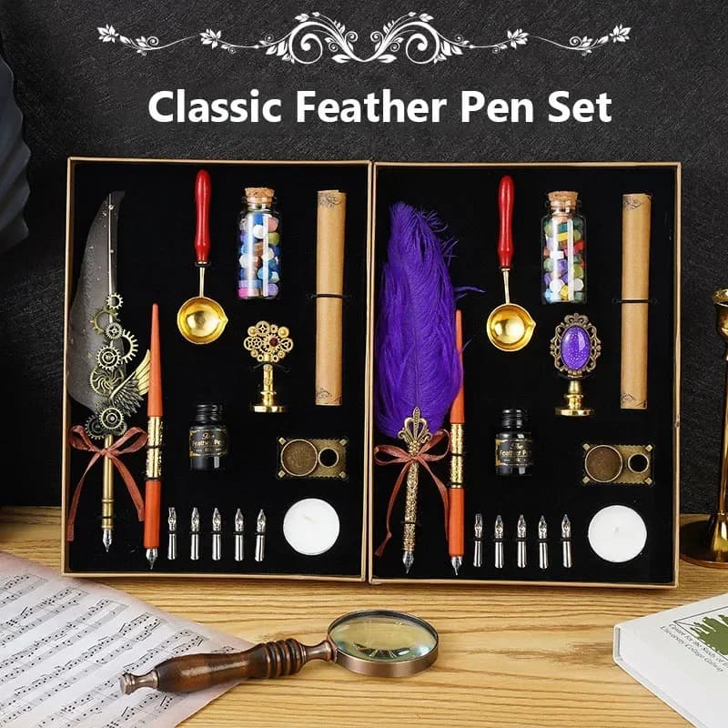 Classic Calligraphy Feather Pen Wax Ink Seal Stamp Set Vintage Wood Dip Pen Ink Bottles Gift for Students Adult Supplies