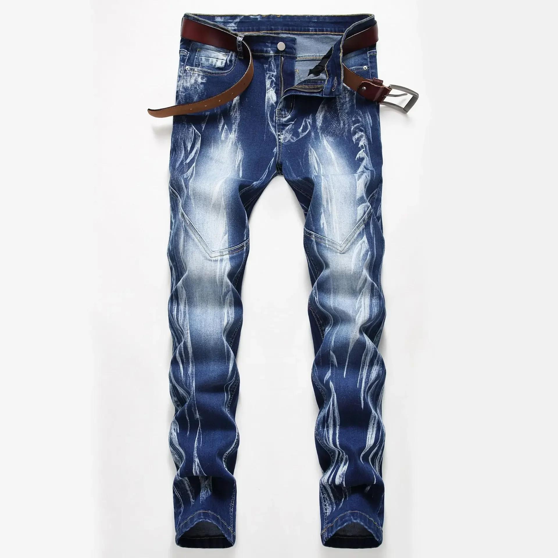 Jeans skinny slim elasticizzati da uomo con stampa di moda Pantaloni in denim con motivo spray popolare Pantaloni lunghi di marca casual streetwear maschile