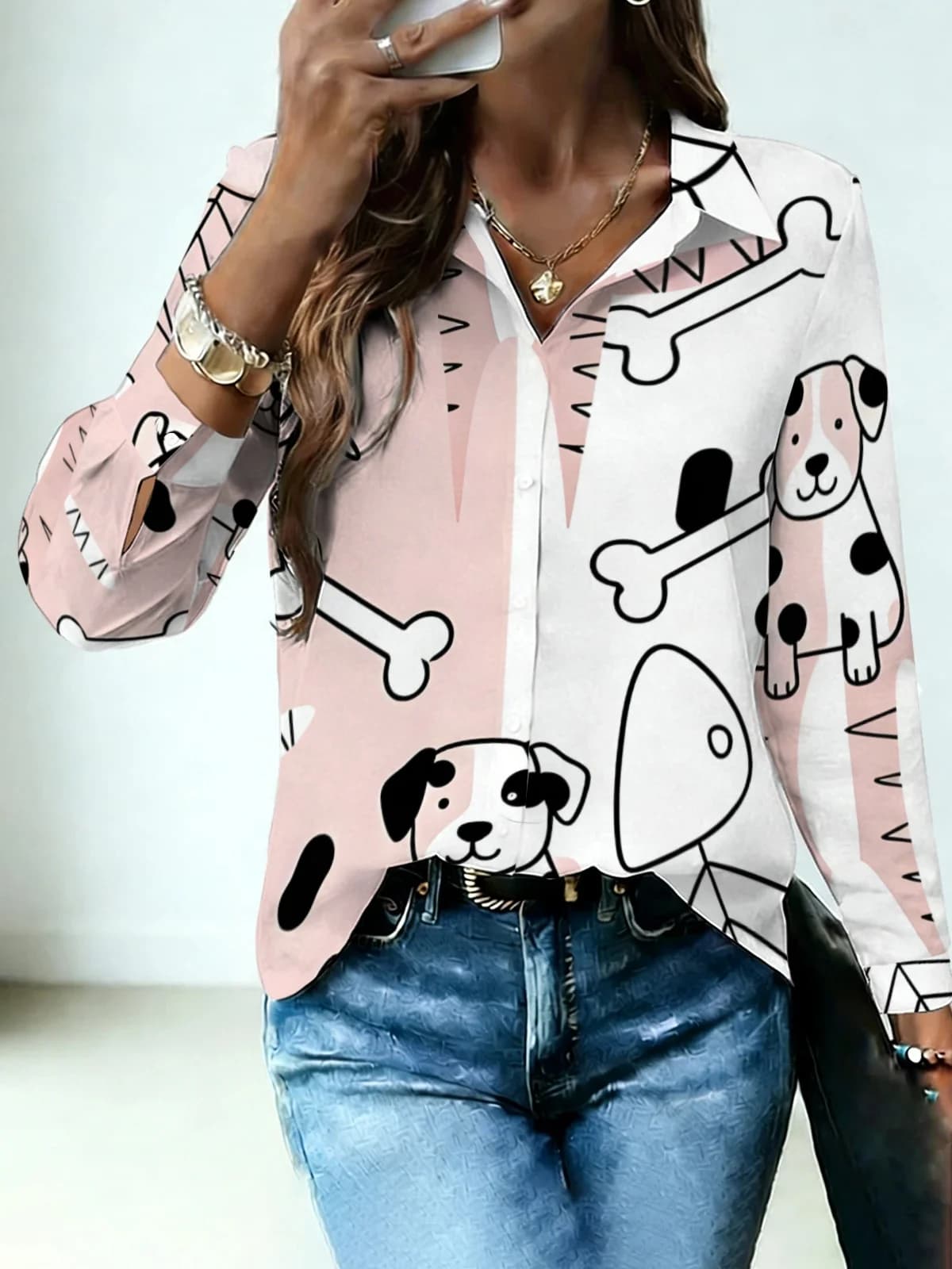 Dog Lover Minimal Womens Collared Shirt Pink White Two-tone Gradient Cartoon Dalmatian Allover Print Long Sleeve Street Dating