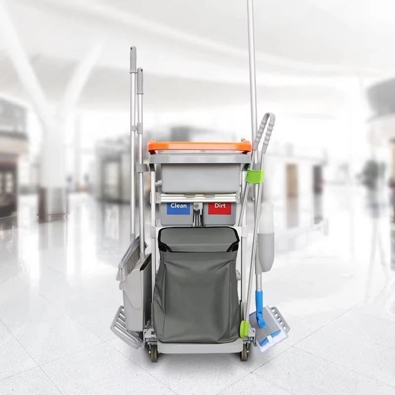 Carrello per la pulizia dell'ufficio multifunzione in plastica resistente per contenitori per hotel con classificazione dei rifiuti impilabile e caratteristiche di riciclo