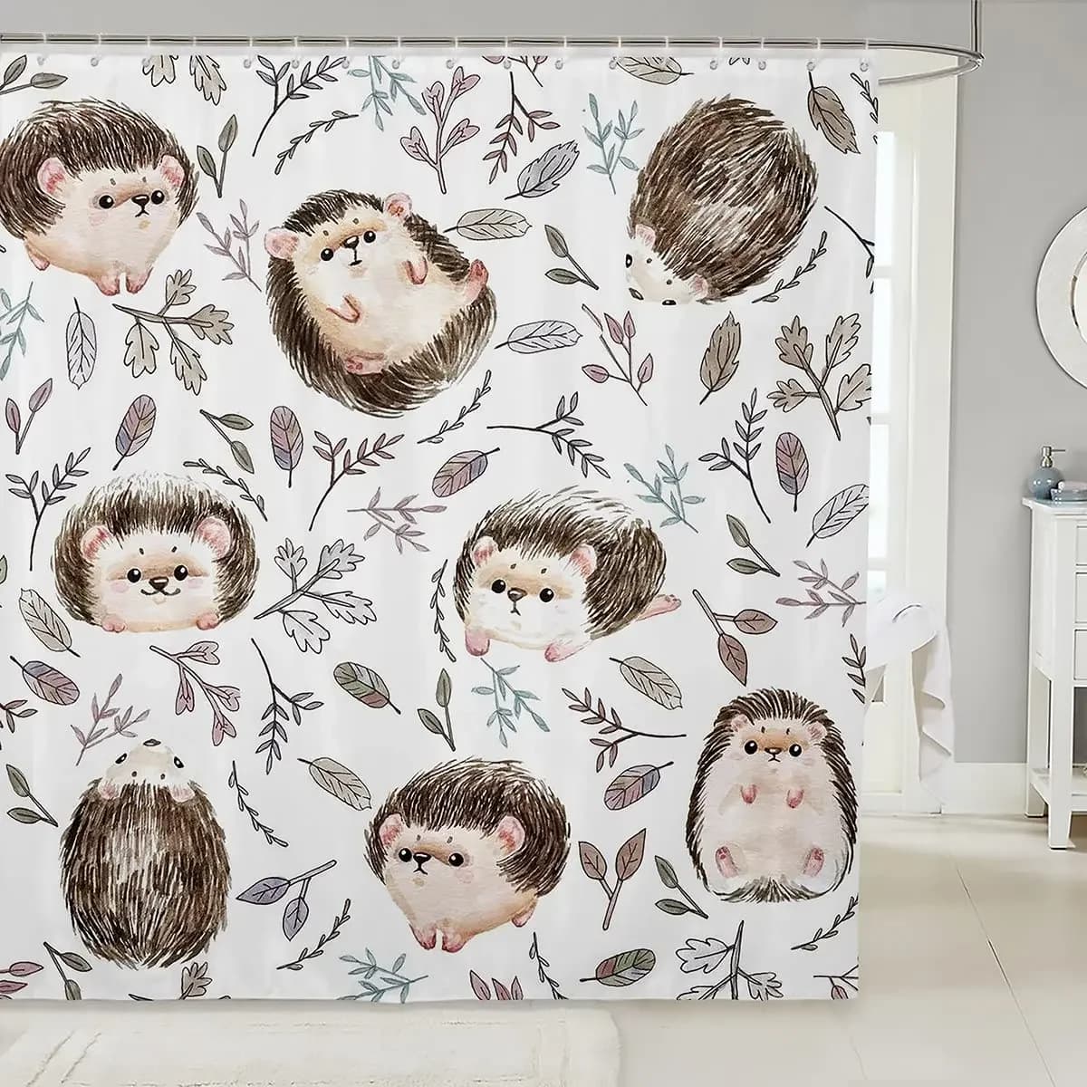 Tenda da doccia con motivo a riccio, tende da bagno con motivo animale, regalo per gli amanti dei ricci, tenda da doccia con foglie e rami con ganci