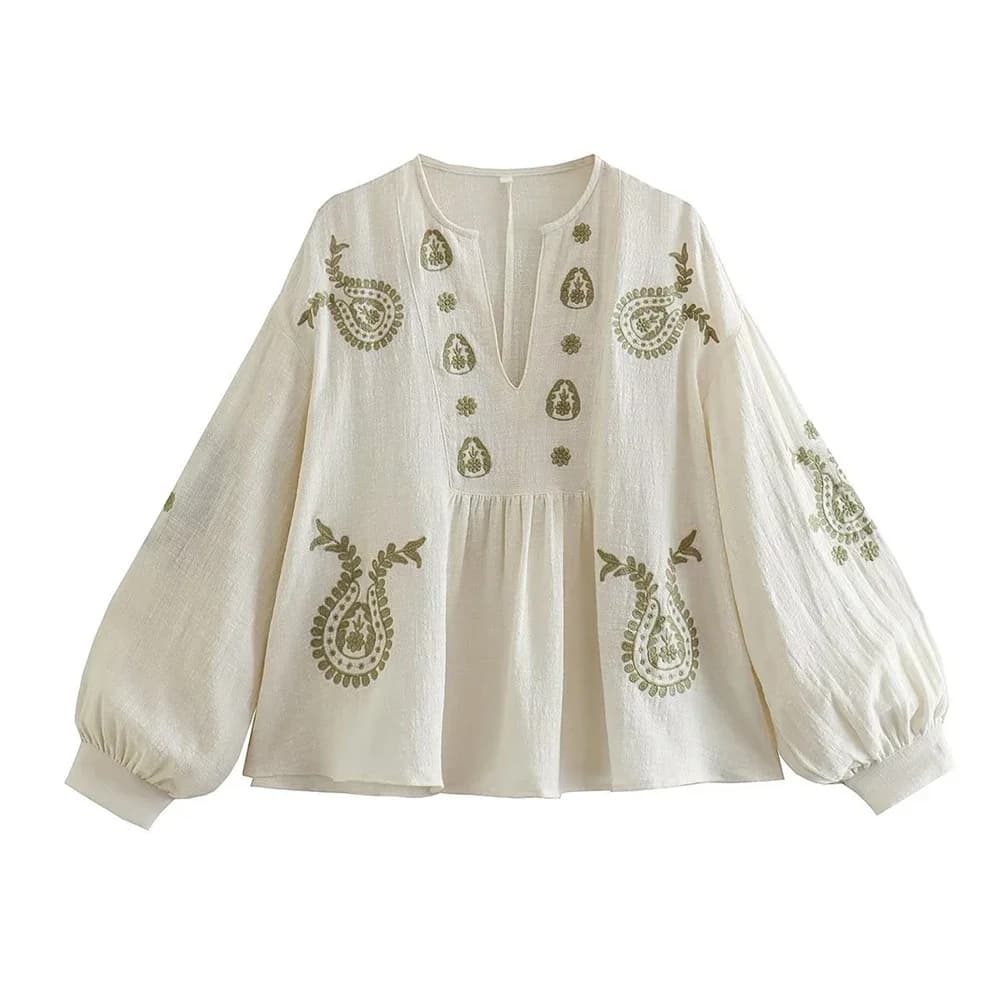 Camicia da donna nuova in cotone sciolto ricamato Top elegante ed elegante a maniche lunghe